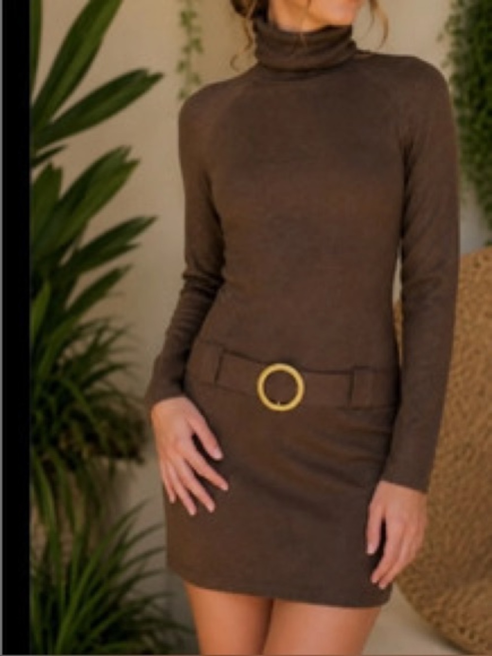 Y2K INC Brown and Metallic Gold Drop Waist Turtleneck Belted Sweater Dress, M